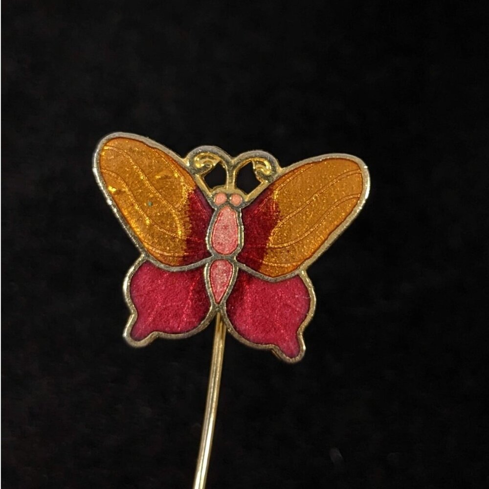 Vintage Red Orange Cloisonne Butterfly Short Stick Pin